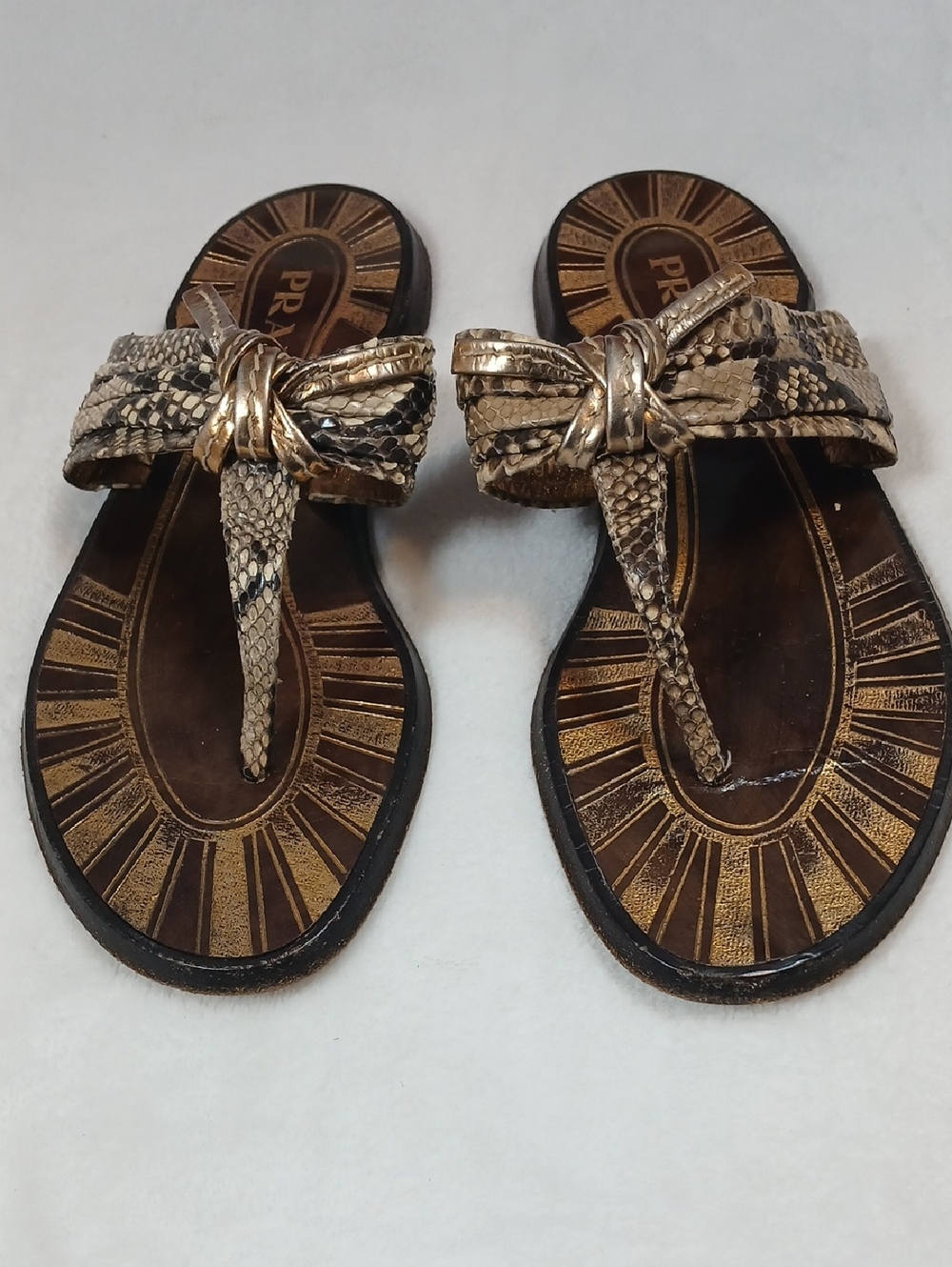 Prada Women’s Snake-Embossed Gold Accent Thong Sandals Sz 37.5